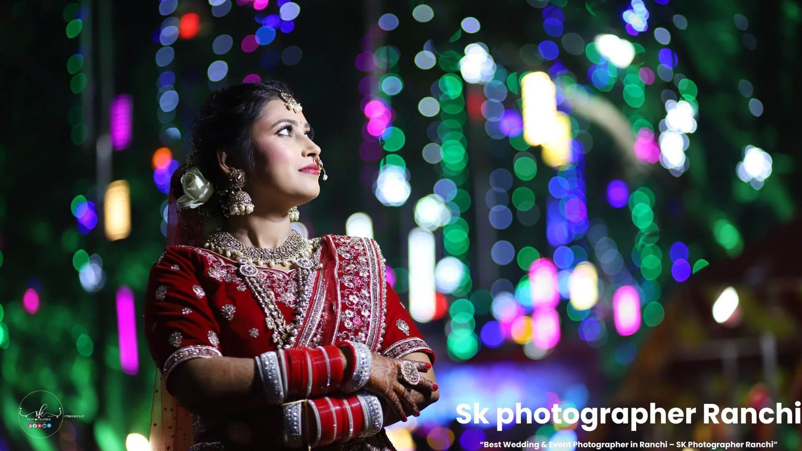“Bridal Portrait with Colorful Lights – Top Wedding Photographer in Ranchi | SK Photographer Ranchi”